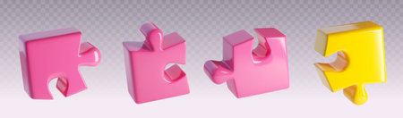 Pink 3D puzzle pieces collection with yellow element - glossy plastic connected blocks on transparent background. Minimalist style jigsaw elements at different angles show connecting mechanisms.のイラスト素材