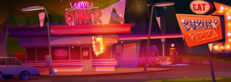 Cartoon diner panorama at sunset - neon storefront with illuminated signage, street lamps, parked vehicles on vibrant pink and purple sky. Fast food establishment near gas station exterior scene.のイラスト素材