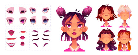 Face constructor set with cartoon girl expressions, eyes, lips, eyebrows variations and hairstyle options. Cartoon woman character portrait creator kit. Young female avatar diy building elements.のイラスト素材