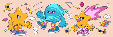 Groovy universe cartoon characters - walking star mascots, cool planet wearing sunglasses, cosmic elements with sneakers in retro style. Space themed funky design with constellations, clouds, moon.のイラスト素材