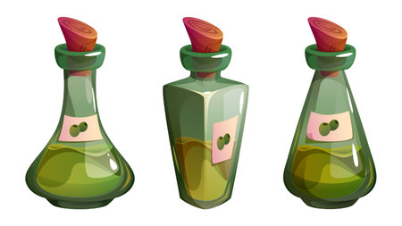 Oil bottle collection with olive contents - green glass containers with wooden cork stoppers, paper label. Transparent vessels filled with fat liquid. Food organic seasoning storage for cooking.のイラスト素材