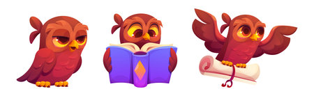 Cute owls set isolated on white background. Vector cartoon illustration of smart brown bird reading book, flying with paper scroll, school education animal mascot, symbol of knowledge and wisdomのイラスト素材