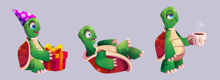 Cute cartoon turtle set in different poses - holding birthday present with party hat, scared lying on shell, sleepy walking with cup of coffee. Green reptile mascot with cheerful expressions.のイラスト素材