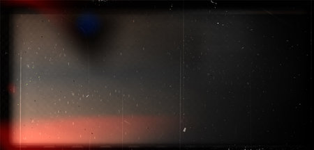 Old film grain effect overlay with vintage scratches, dust particles and red light leak. Dark moody background with cinematic texture and dark vignette edges. Retro photography distressed frame.のイラスト素材