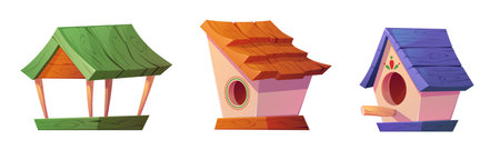 Cartoon birdhouse collection - wooden shelters with round shaped openings, color roofs, decorative feeding platforms. Nature care elements for garden decoration. Bird home and feeder.のイラスト素材