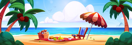 Beach picnic scene with wicker basket, sandwich and fruits on red blanket, lounger under striped umbrella. Sandy shore landscape surrounded by palm trees, blue ocean and white clouds in sunny sky.のイラスト素材