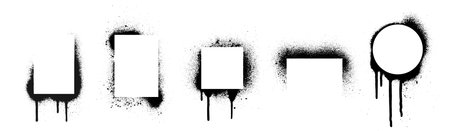 Black spray stencils set isolated on white background. Vector realistic illustration of rectangular, square, round paint splatter borders, airbrush silhouette, grungy street art frames with ink dripsのイラスト素材
