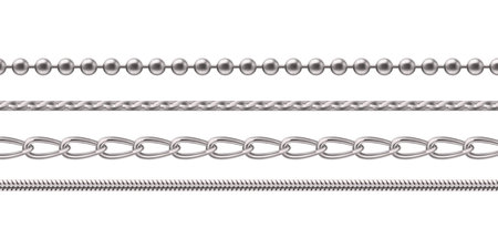 Silver or white gold chain jewel collection - metallic beaded necklace, braided pattern, interlocking oval links, twisted rope design. Realistic elegant accessories set for jewelry catalog design.のイラスト素材