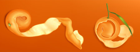 Tangerine peels set isolated on orange background. Vector realistic illustration of fresh fruit skin spiral with green leaf, mandarin, lemon rind, citrus juice, jam, summer cocktail cooking ingredientのイラスト素材