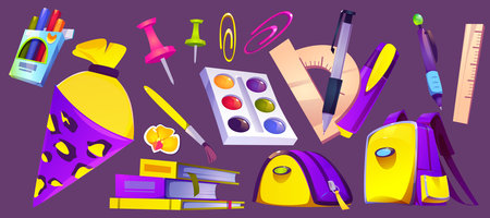 School supplies set with purple and yellow cone, stationery items and backpack. Educational tools - markers and paintbrush, pins and paperclips, pens and rulers, books and case. Student equipment.のイラスト素材