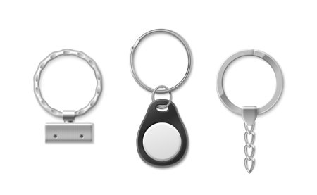 Key chain ring collection with metallic holders - textured band with steel plate, black pendant or key fob with circle, smooth band with decorative link extension. Mockup set for brand identity.のイラスト素材