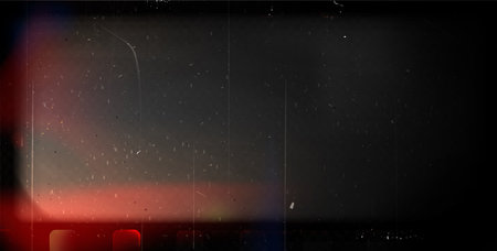 Old film grain effect overlay with vintage scratches, dust particles and red light leak. Dark moody background with cinematic texture and dark vignette edges. Retro photography distressed frame.のイラスト素材