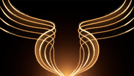 Light wing shaped line background - glowing golden streams on dark surface, magical wavy curves, shimmering particles, luminous angel pattern. Luxury gold design for award ceremony or invitation.のイラスト素材