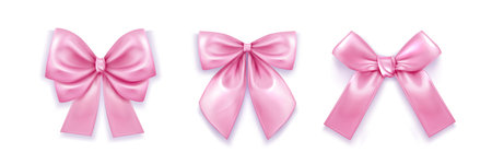 Pink coquette bow collection - silky tied ribbons with glossy sheen and soft shadow. Decorative elements for romantic design, gift wrapping or baby shower decoration. Different shapes of satin knots.のイラスト素材