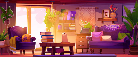 Boho living room interior in sun light with purple armchairs and sofa, macrame wall hanging, wooden furniture, potted plants, stacked books, hanging planter, decorative cushions and candle. Cozy home.のイラスト素材