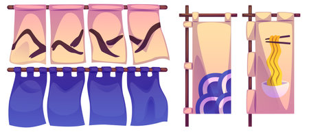 Japanese banners set isolated on white background. Vector cartoon illustration of traditional asian cloth curtains hanging on bamboo stick, decorated with oriental symbols, noodle cafe window drapeのイラスト素材