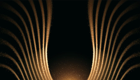 Golden light wings on black background. Vector realistic illustration of sparkling yellow dot lines in shape of angel or bird wing, premium award ceremony or luxury product presentation backdropのイラスト素材