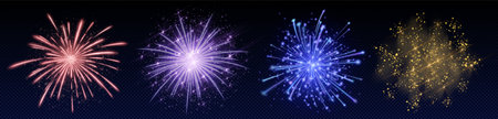 Explosive firework effects set - pink, purple, blue and golden firecracker bursts with sparkling particles on dark background. Festive glowing pyrotechnic elements for celebration holiday designs.のイラスト素材