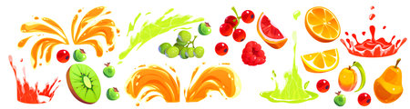 Bright juice splashes with fresh fruits - vibrant orange liquid bursts, lime green splats, red berries, citrus slices, kiwi, pear and apricot. Dynamic beverage drops set for summer cocktail design.のイラスト素材