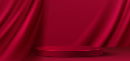 Red 3d podium display with elegant draped curtain background. Round exhibition platform among luxurious textile folds. Minimalist presentation stage for romantic or premium product showcase.のイラスト素材