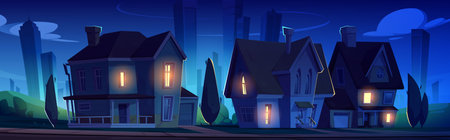 Suburban houses with illuminated windows in moonlit night neighborhood. Residential street with cozy homes, garages and trees on dark skyscaper silhouettes. Peaceful evening cityscape background.のイラスト素材