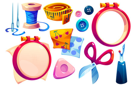 Cartoon sewing set with hoops, scissors, measuring tape and thread spool. Handcraft equipment including buttons and needles, fabric pieces with cherry pattern. Colorful embroidery tools collection.のイラスト素材