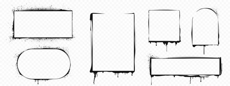 Spray stencil frame collection with black ink drips and paint splatters on transparent background. Urban graffiti borders of different geometric shapes. Street art elements for grungy design.のイラスト素材