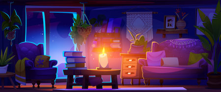 Boho living room at night with moonlight streaming through window, glowing candle on wooden table, purple armchair and sofa, macrame wall decor, stacked books, potted plants. Atmospheric interior.のイラスト素材