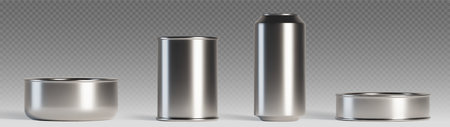 Metallic tin cans set of different sizes and shapes on transparent background. Empty silver containers, beverage cans and food packaging mockup with shiny surface. Steel product presentation template.のイラスト素材