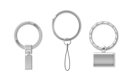 Key chain rings set isolated on white background. Vector realistic illustration of metallic keychain accessories, circle holder with blank rectangular pendant for branding, decorative chain linkのイラスト素材