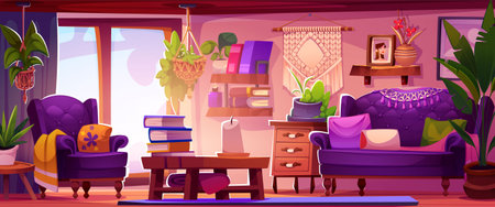 Boho living room interior with furniture. Vector cartoon illustration of apartment with purple sofa and armchair, color cushions and blanket, stack of books, macrame wall decoration, photo on shelfのイラスト素材