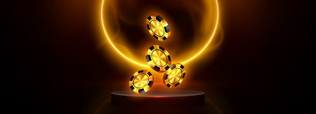 Dark podium with floating golden casino chips and luminous neon circle on black background. Realistic luxury gambling composition with metallic tokens illuminated by bright glowing ring effect.のイラスト素材