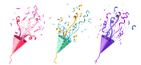 Confetti poppers set isolated on white background. Vector realistic illustration of cone crackers with paper serpentine and color streamer ribbons burst, holiday celebration emoji, party symbolのイラスト素材