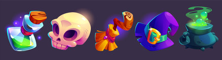 Game witch icons set with magic potion bottle, glowing skull, broom stick, purple wizard hat with buckle, bubbling cauldron with brewing green poison. Magical items design for fantasy rpg interface.のイラスト素材