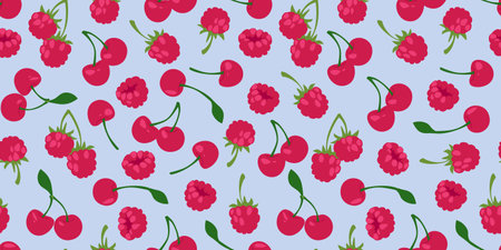 Seamless pattern of ripe cherries with fresh raspberries, green stems and leaves on light blue background. Sweet berries scattered - decorative design for textile, wrapping paper or stationery.のイラスト素材