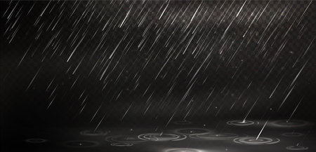 Rainy effect with diagonal white streaks on black background creating ripple circles on reflective surface. Dynamic drops pattern with water motion in darkness. Natural weather overlay design.のイラスト素材