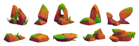 Cartoon rock collection with green moss patches, grass sprouts and yellow flowers for game landscape design. Natural brown stone formation set for environmental wetland terrain scenery creation.のイラスト素材