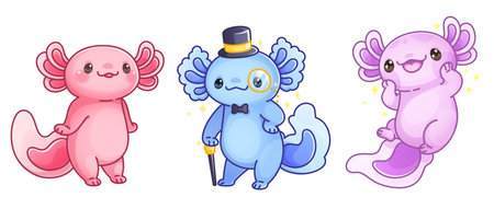 Cute axolotl characters set - pink smiling creature, blue gentleman with top hat, monocle and cane, purple floating salamander with sparkles. Kawaii mascots for stickers, game design or children book.のイラスト素材