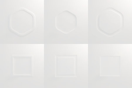 White embossed geometric frames collection with hexagonal and square shapes, relief patterns on clean light surface. Realistic 3d minimalist decorative border elements for elegant design projects.のイラスト素材