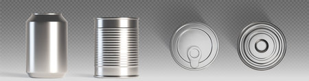 Realistic metal containers and lids collection on transparent background. Smooth beverage can, corrugated food tin, round pull tab cover and standard sealed top mockups. Steel packaging templates.のイラスト素材