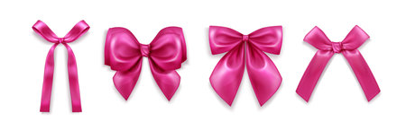 Pink ribbon bows set isolated on white background. Vector realistic illustration of coquette girly hair accessory, decoration for romantic gift box, vintage wedding or birthday card design elementのイラスト素材