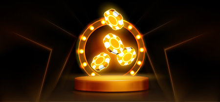 Neon poker chips flying above yellow stage on black background. Vector realistic illustration of gambling app banner with round podium and bright illumination, betting platform ads, vip slots clubのイラスト素材