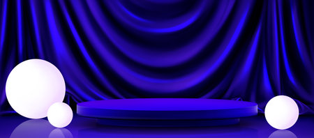 Round podium on blue curtain background with white balls. Vector realistic illustration of empty award ceremony stage, elegant textile on wall, neon beads on glossy floor, product presentation stageのイラスト素材