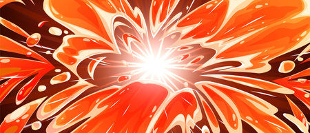 Comic paint splash and bright light effect. Vector cartoon illustration of anime style background with color liquid burst, abstract flame explosion with neon shine in center, battle attack backdropのイラスト素材