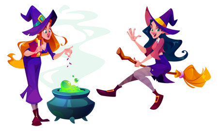 Funny witch characters set isolated on white background. Vector cartoon illustration of woman in gothic hat cooking potion in cauldron, spell book in hand, flying on broom, Halloween party mascotsのイラスト素材