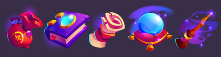 Game witch icons pack with magical sack, spell book with crystal, enchanted scroll, glowing fortune telling orb on cushion, mystical broom with sparkles. Fantasy items set for rpg interface design.のイラスト素材