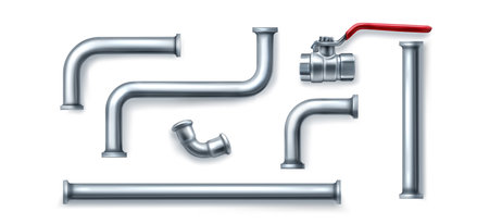 Plumbing 3d metal pipe elements set - straight tubes, curved connections and joints, valve with red handle. Chrome steel industrial parts with fittings, corners, elbows for construction design.のイラスト素材