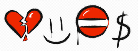 Graffiti spray art signs - broken heart, smile face, stop symbol and dollar mark with rough black outline and flowing drops. Street style urban elements with red paint and grunge brushstrokes.のイラスト素材