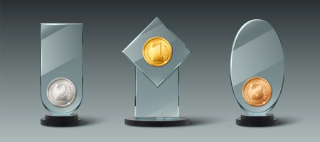 Glass trophy collection decorated with ranking medals - gold first place, silver second, bronze third with laurel sign. Transparent 3d award stands in different geometric shapes on dark bases.のイラスト素材