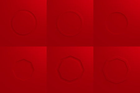 Red embossed geometric frames set with circular and polygonal shapes, dimensional relief patterns on crimson surface. Modern 3d backgrounds with subtle depth effect for graphic design projects.のイラスト素材